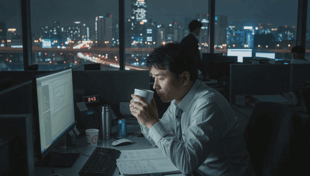 Office worker working overtime while drinking coffee in the office