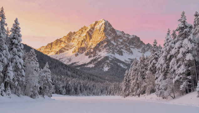High snow-covered mountains at dawn