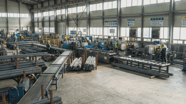 Workers operating machines in factory