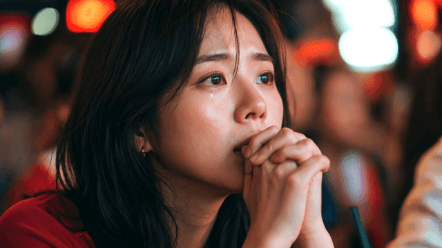Woman shedding tears while concentrating on sports match