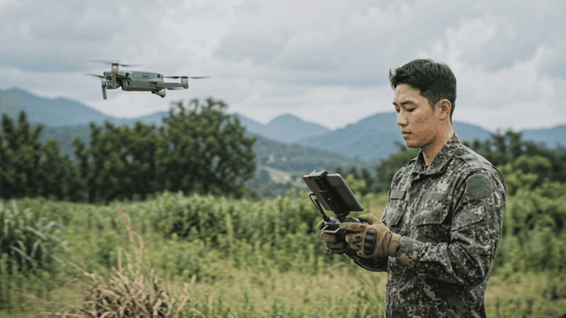 Soldier operating drone in field.