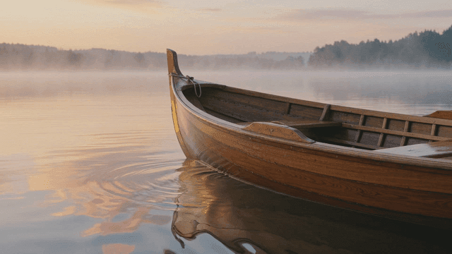 Empty wooden ferryboat heading out to foggy river