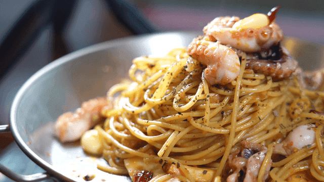 Delicious seafood pasta with octopus