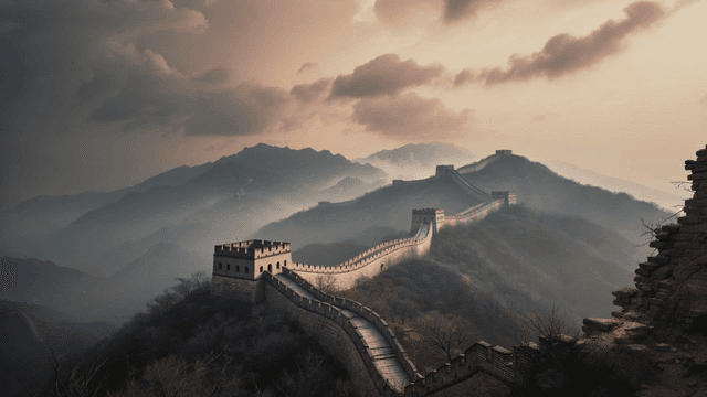 Great Wall built along wide mountain ridge