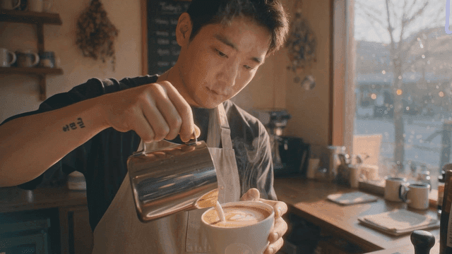 Barista making latte art in a cozy cafe