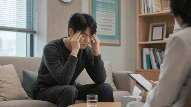 Male patient receiving counseling in psychiatric clinic