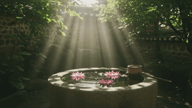 햇빛이 비치는 연꽃이 피어있는 우물