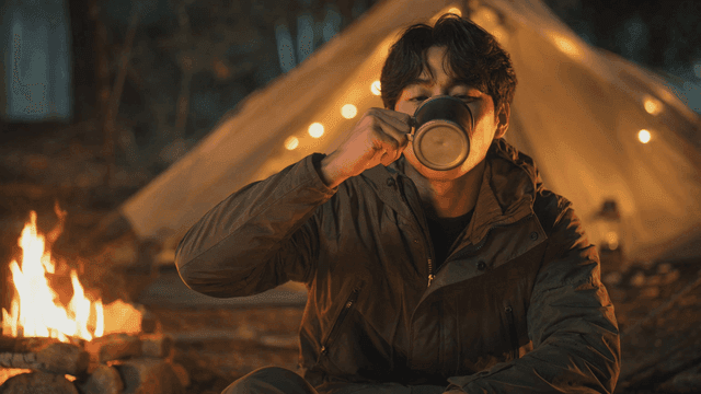 Man enjoying warm drink by campfire