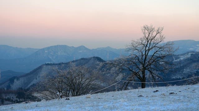 산등성이 너머 고요한 겨울 노을