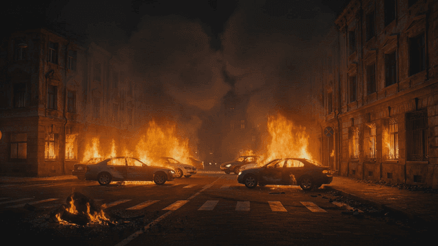 Burning cars on a city street at night