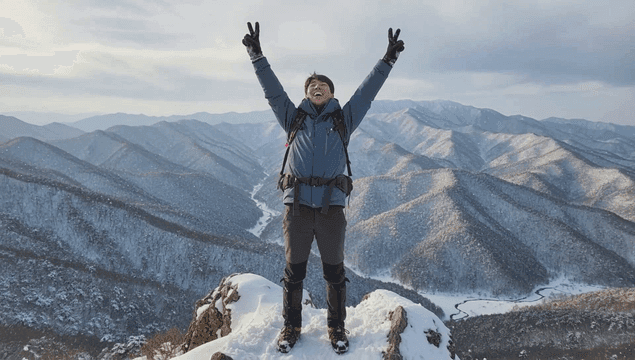 눈 덮인 산 정상에서 만세하며 기뻐하는 등산객