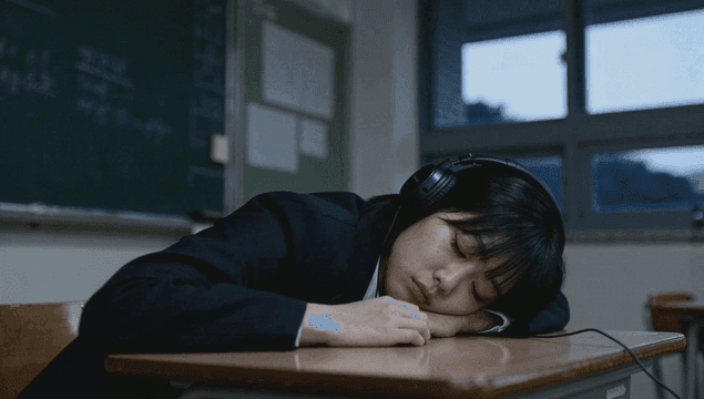 Student sleeping with headphones in classroom