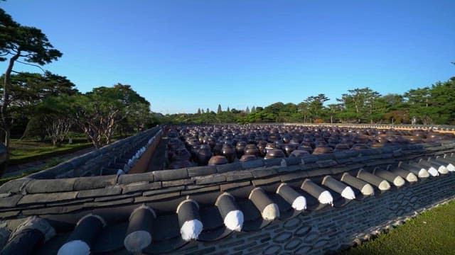 마당에 늘어선 전통 한국 항아리