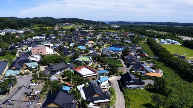 Small town with traditional houses on a sunny day