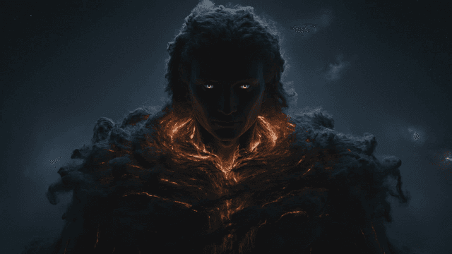Mythical figure with burnt appearance and shining eyes
