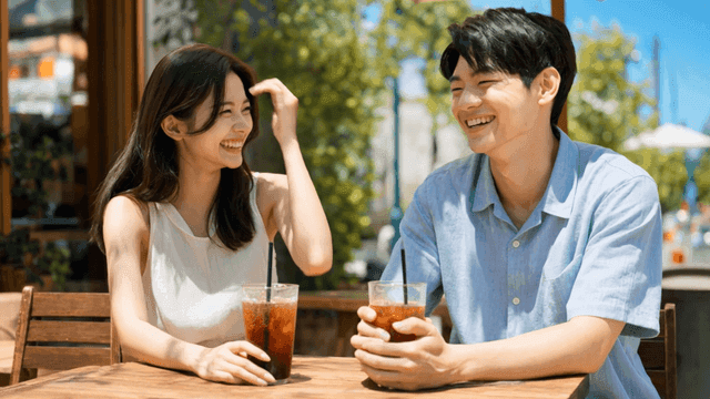 야외 카페에서 아이스 커피와 대화하는 커플