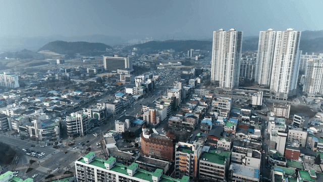 Bustling city with tall buildings