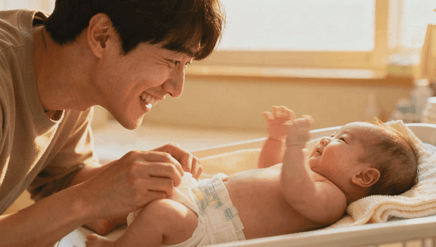 기저귀만 입은 신생아를 바라보는 아빠