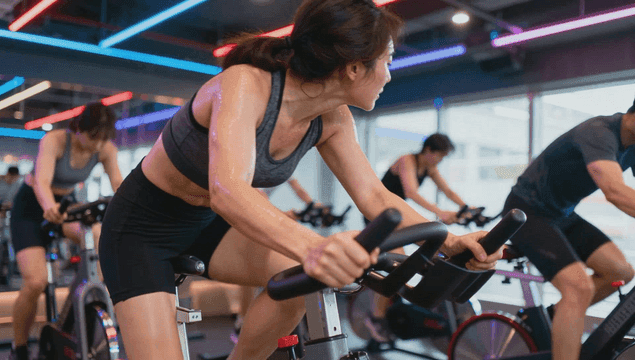 실내 자전거를 타며 운동하는 사람들