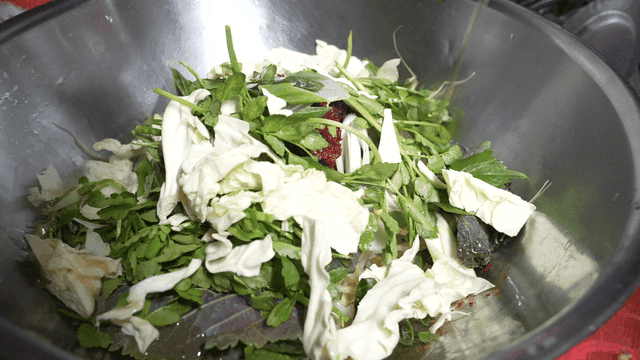 Sesame oil being poured over vegetables in basin