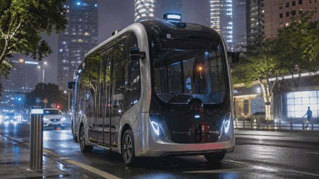 Driverless buses on city roads at night
