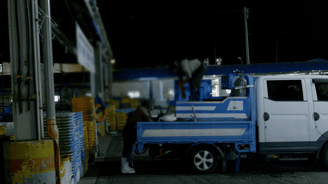 Workers loading boxes onto truck at fish market at night