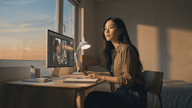 Woman editing photos on computer in sunset