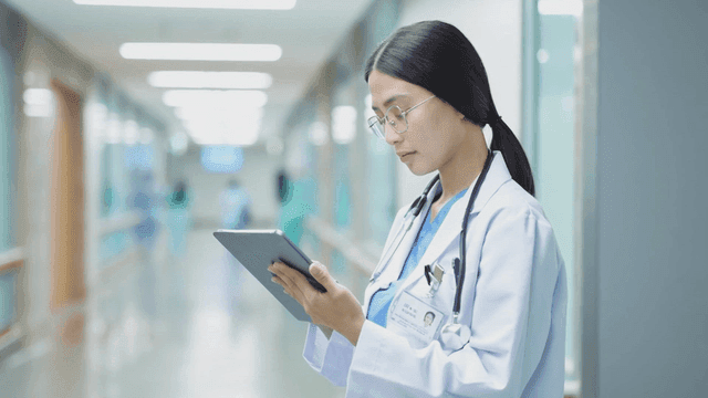 Doctor reviewing patient information on tablet