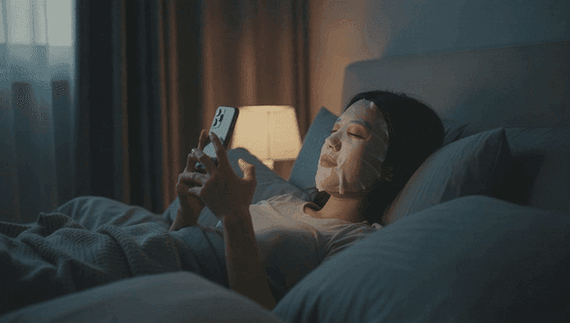 침대에서 마스크팩을 하고 스마트폰을 하는 여성