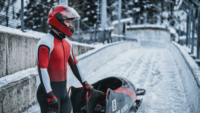 Bobsledder preparing on an icy track