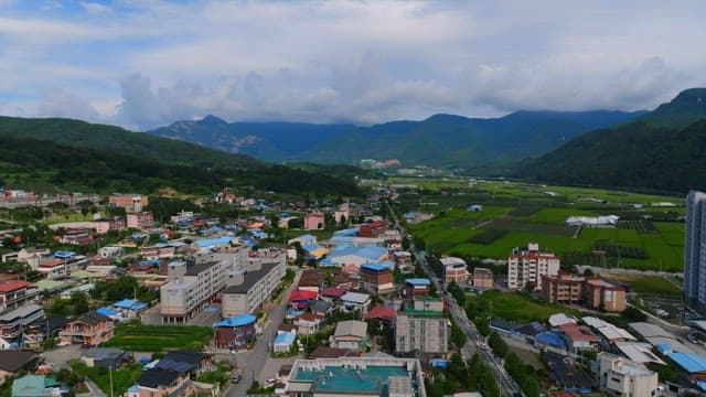 Scenic village surrounded by mountains