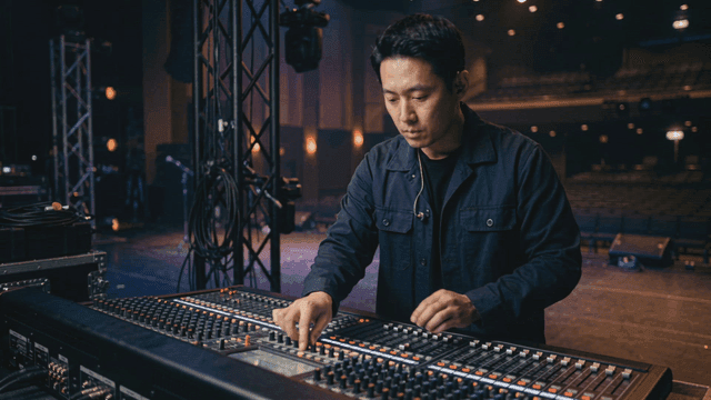 Sound engineer adjusting audio equipment