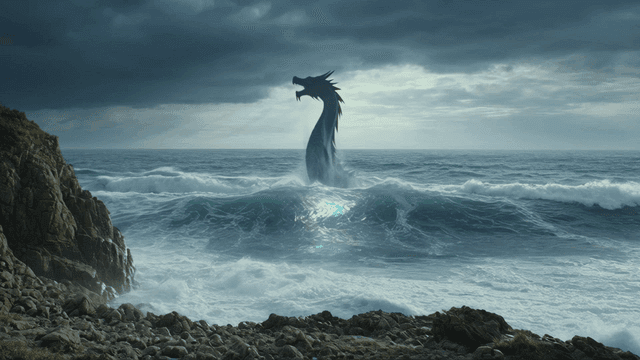 Mythical dragon rising from sea