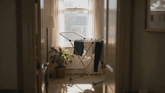 햇빛이 드는 방에서 건조대 위 옷이 말라가는 모습