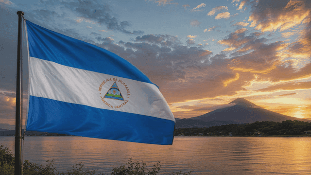 El Salvadoran flag fluttering at sunset by lake