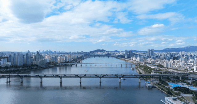 River flowing through bustling city
