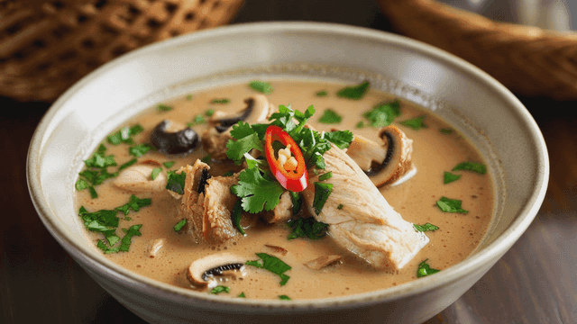 Smooth and creamy Thai chicken soup, Tom Kha Kai