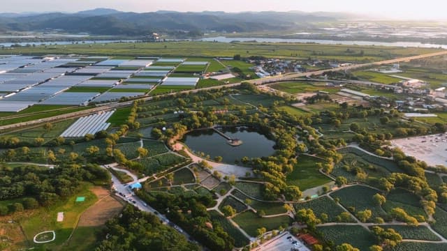 중앙 연못이 있는 넓은 농지
