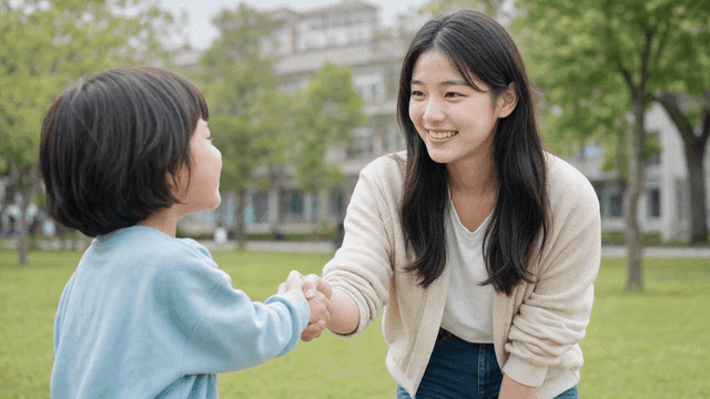 Woman and child shaking hands in park