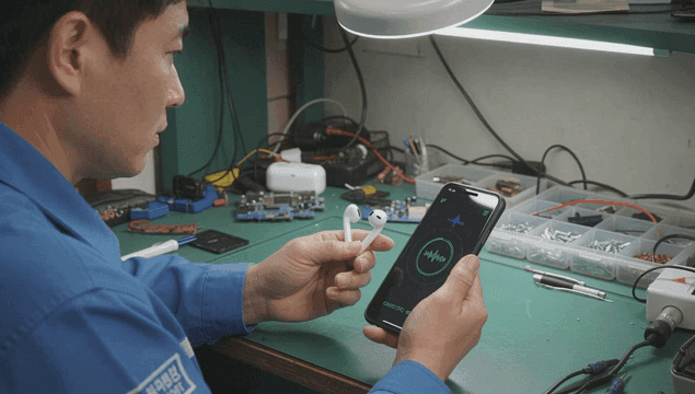 무선 이어폰을 테스트하는 기술자