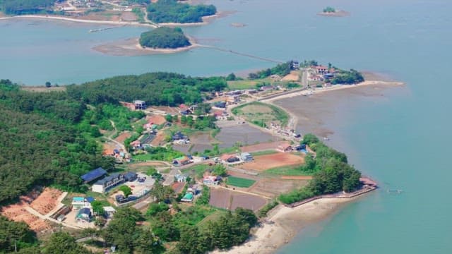 논밭과 숲이 있는 해안 마을