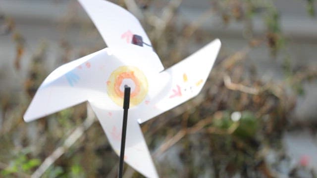 바람개비가 보이는 나무 계단에서 쉬고 있는 고양이