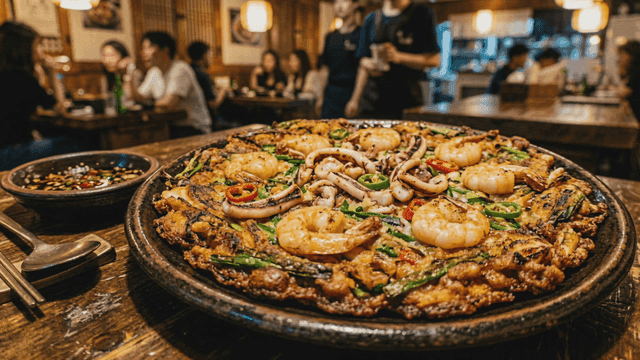 Korean seafood pancake on a table