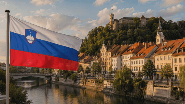 Historic buildings with Slovenian flags fluttering