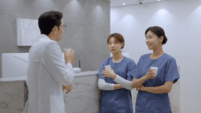 병원 접수 데스크에서 간호사들과 대화하는 의사