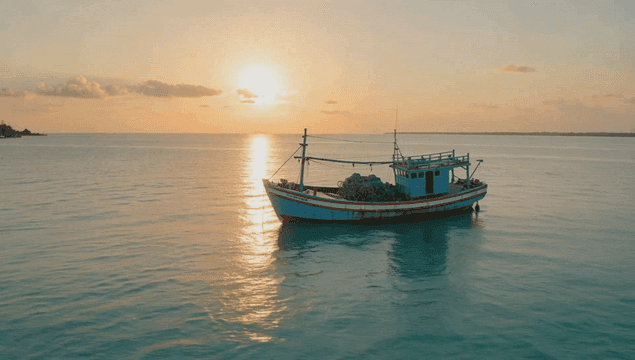 Fishing boat on calm sea at sunset