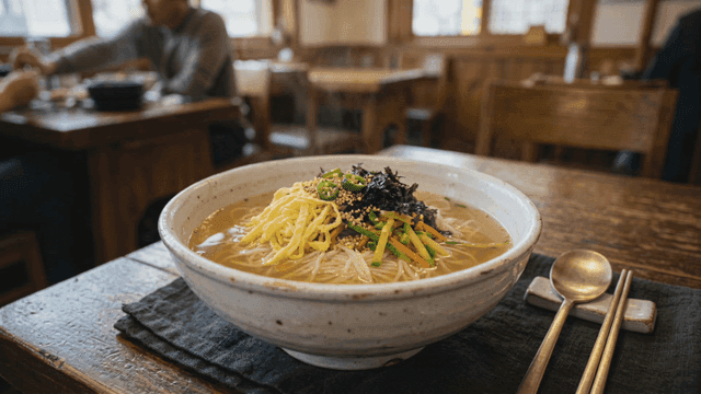 Bowl of Janchi-guksu at cozy restaurant