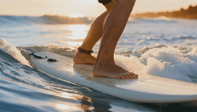 해질녘 바다에서 서핑하는 다리