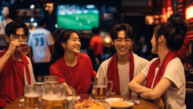 활기찬 바에서 친구들이 축구를 응원하는 모습