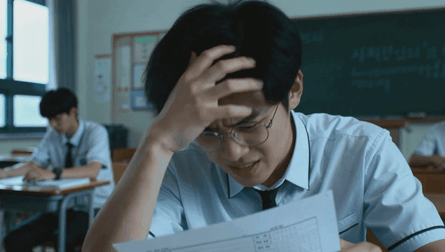 교실에서 시험 결과에 스트레스 받는 학생